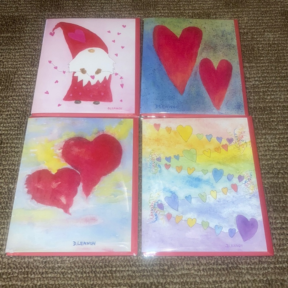 Set of 4 Valentines, Hearts, Anniversary, Blank Watercolor Artist Cards In A Box